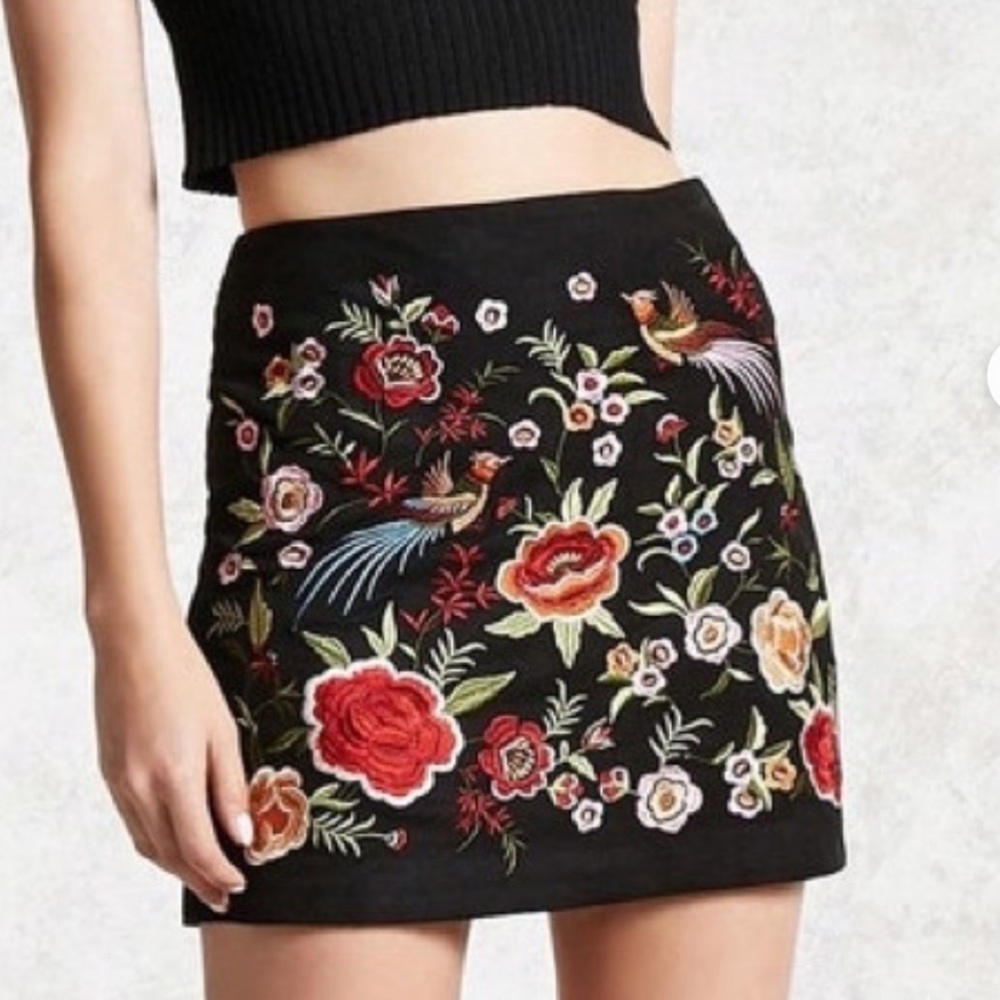 Forever 21 Black Mini Skirt with Multicolor Floral & Bird Embroidery